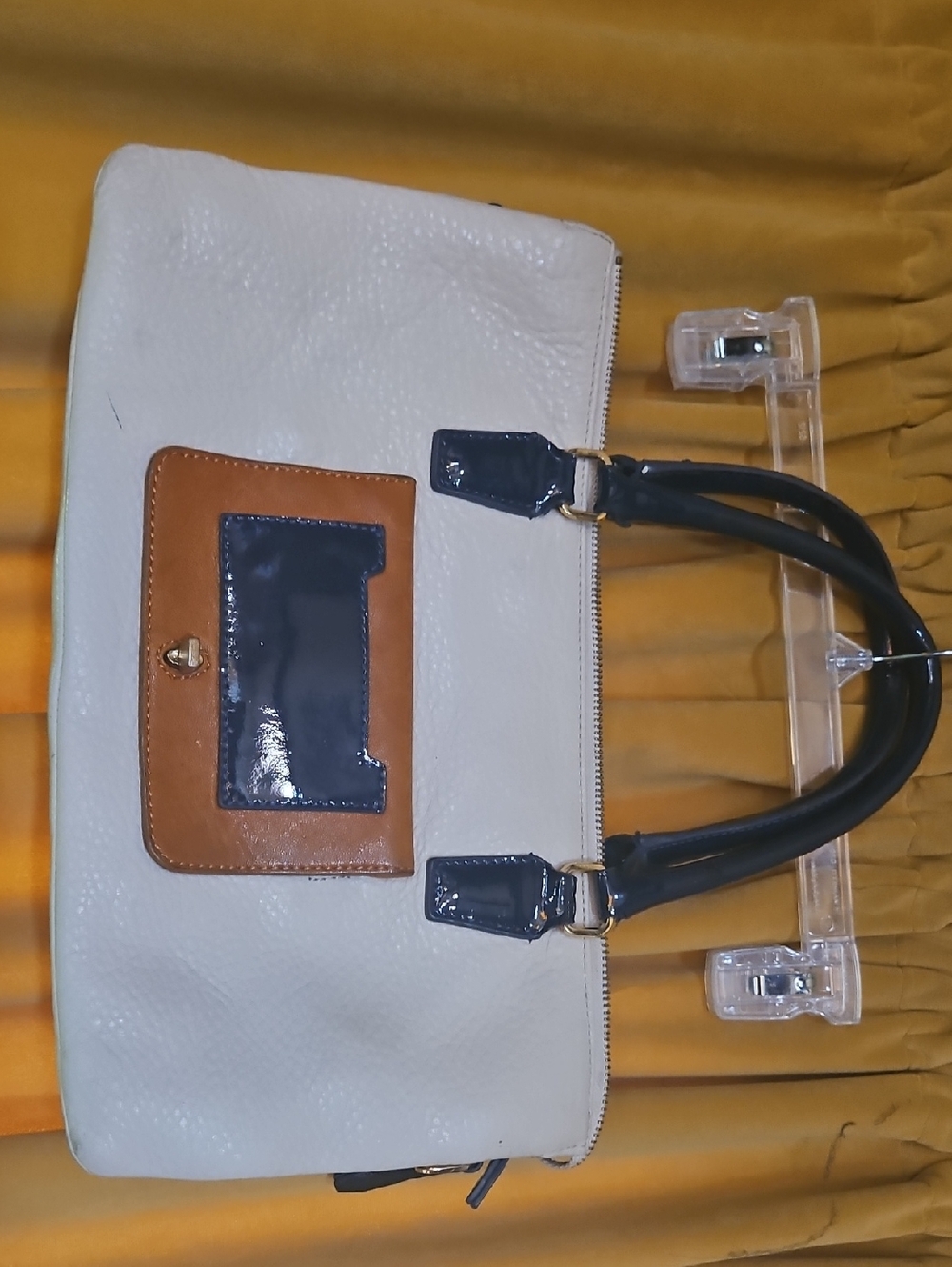 Etienne Aigner White Leather Tote with Tan Pocket and Blue Handles